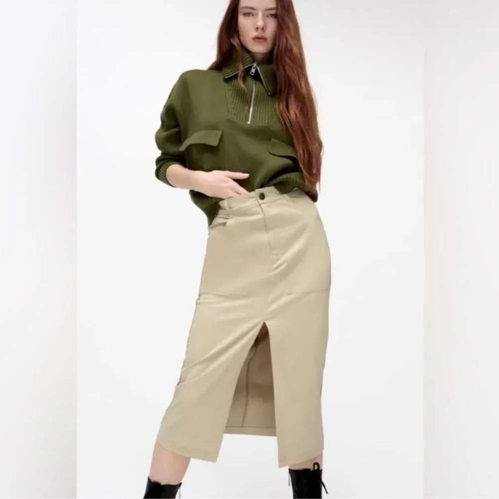 Zara Straight Midi Skirt Front Slit Pockets Size Medium